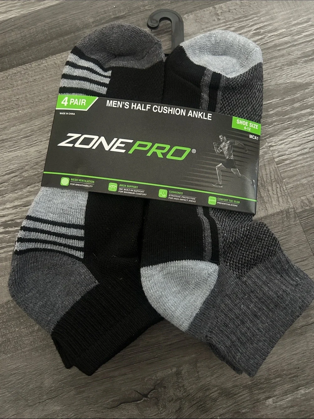 Zone Pro Men’s Half Cushion Ankle Socks - Black & Gray (4 Pack)